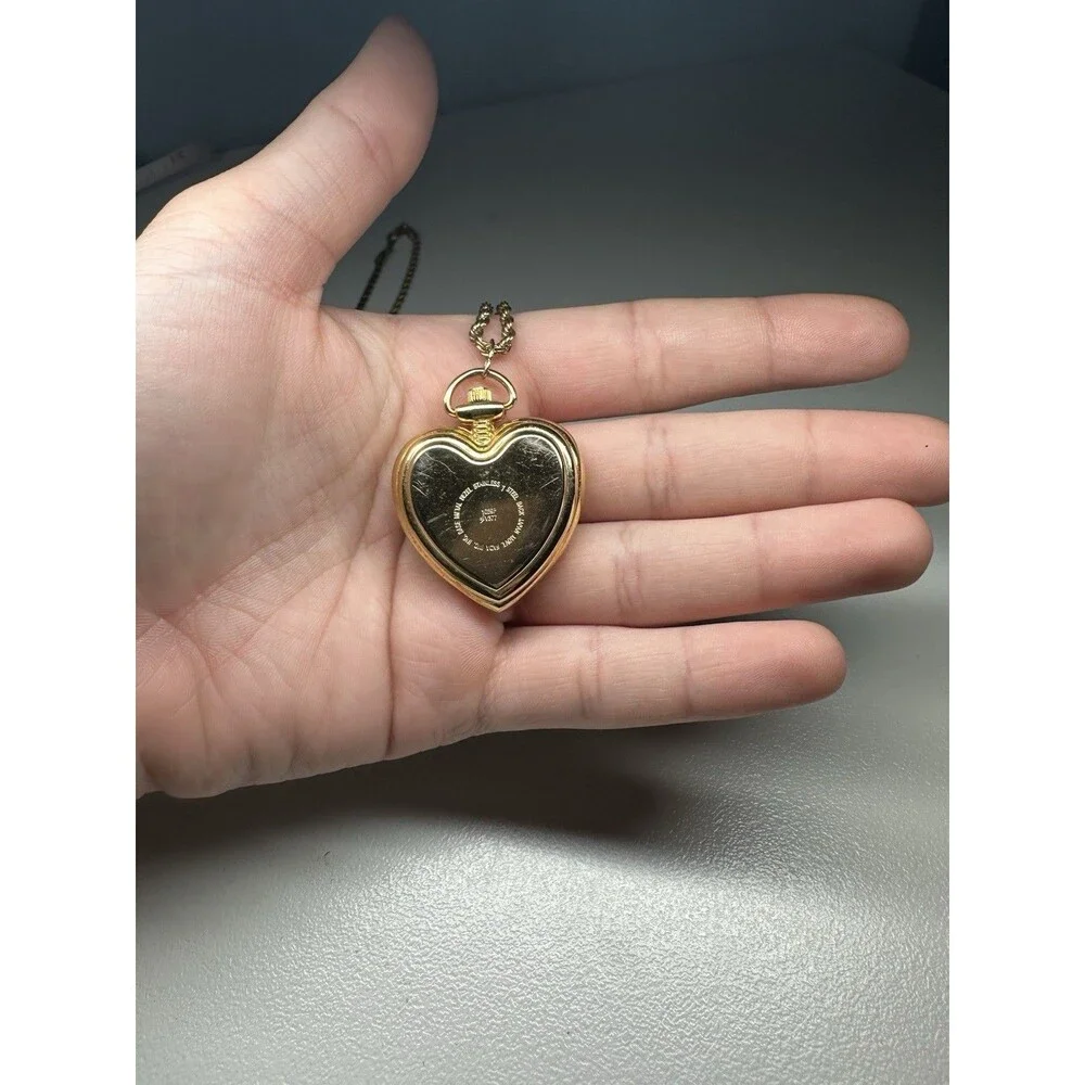 Futura Women's Small Pocket Watch / Necklace Watch Gold Tone Quartz Heart Shape